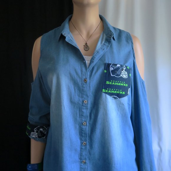 Jacket Top Seahawks Peekaboo Woman's New Embellished Denim Shirt - Picture 7 of 9